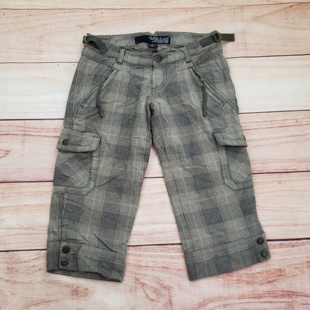 VTG Guess Capri Pants Womens 24 Brown Gray Plaid Cropped Cargo Adjustable Y2K